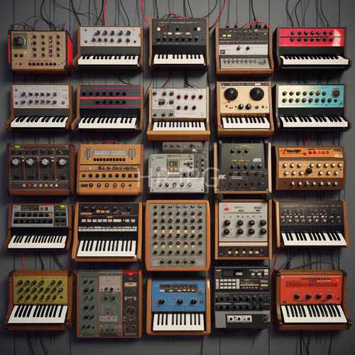 High Resolution: Vintage Electronic Keyboard Collection on GridStyle Display in Modern Studio Setting download. | HRJPG.com