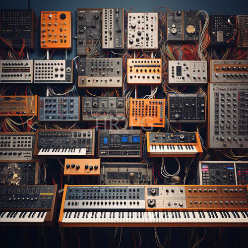 flickering lights dance across intricate arrays of vintage analog synthesizers and effects processors