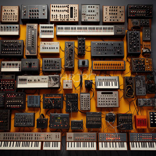 electronic synthesizers and processors on a yellow wooden background create a harmonious composition