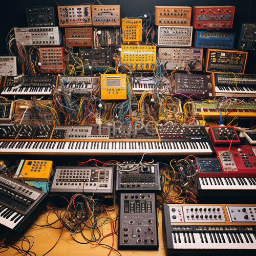 vintage synthesizer collection on cluttered wooden shelves unfolds rich musical history