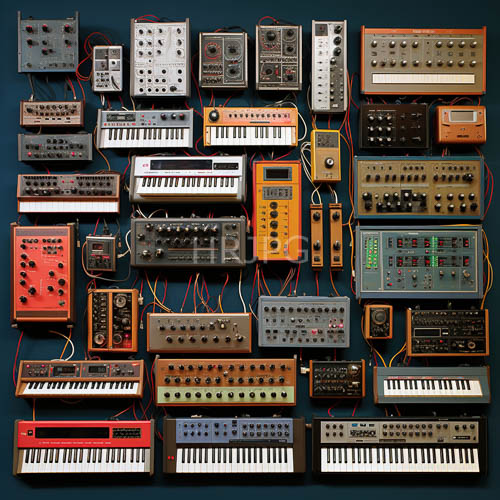 vintage synthesizers and keyboards on darkblue backgrounded display cases