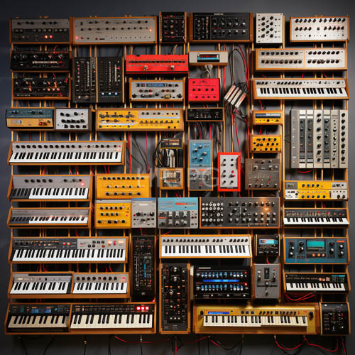 electronic cathedral of multicolored soundscapes and winding cables in a modern studio complex