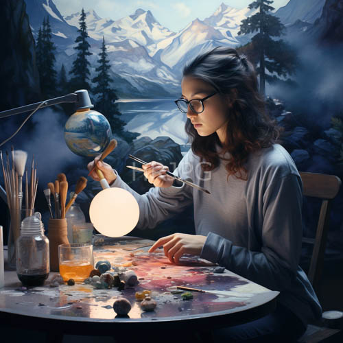 snow covered mountain peaks and pine trees frame paint mixing palettes