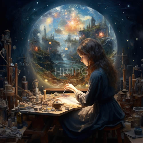 brown hair artist amidst light orbs paintbrushes creative workspace