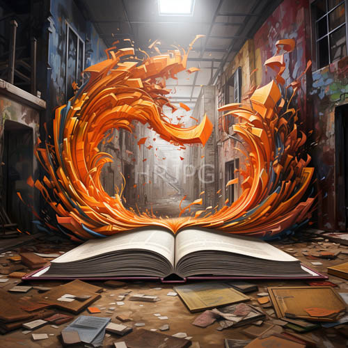 High Resolution: Graffiti Alley Illuminated by OrangeAndYellow Flames Dancing Around Open Book Pages download. | HRJPG.com