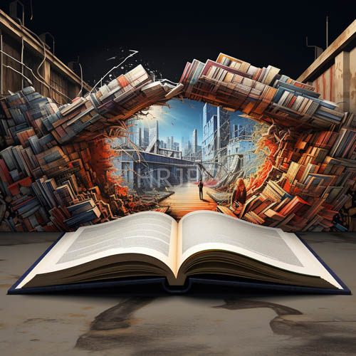 cityscape unfolds through pages of an ancient weathered leather bound book