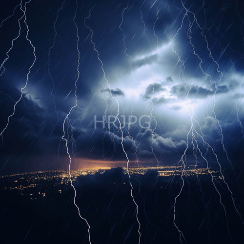 High Resolution: Urban Stormscape Lightning Illuminates City Grid Rain Streaks Across Sky download. | HRJPG.com