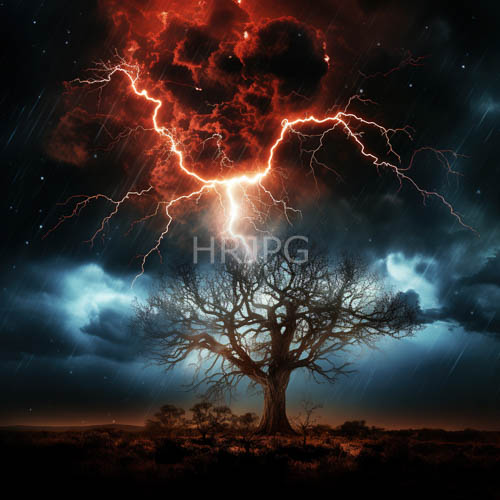 barren tree confronts violent electrical display against moody gray skies