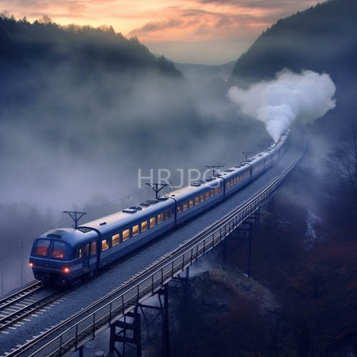 mountain rail passages fade into morning misty veil on orange and pink sunset sky