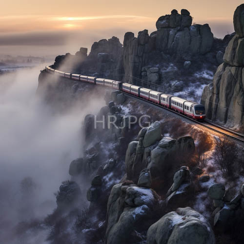 ancient cliffs frame train in amber sunrise light at dawn