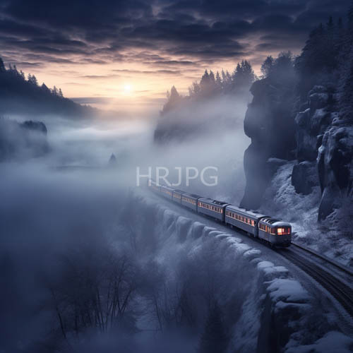 High Resolution: Mountain Range Lit from Below by Creeping Dawn Light Snowy Train Tracks download. | HRJPG.com