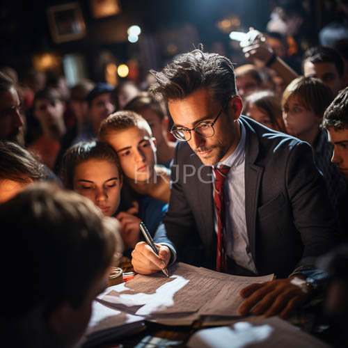author signing event at prestigious literary gathering under warm ambient lighting