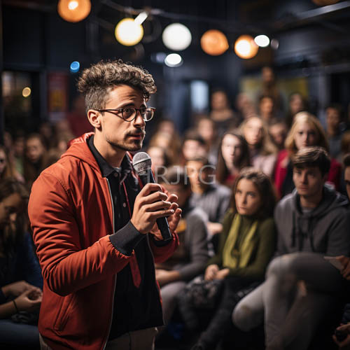 young man in red jacket shares public voice in intimate orange lit event space