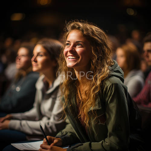 young woman with wavy blonde hair leans in to write in her notebook