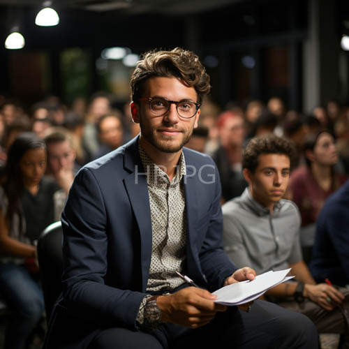 man in navy suit amidst fashion event focused on papers in dimly lit background