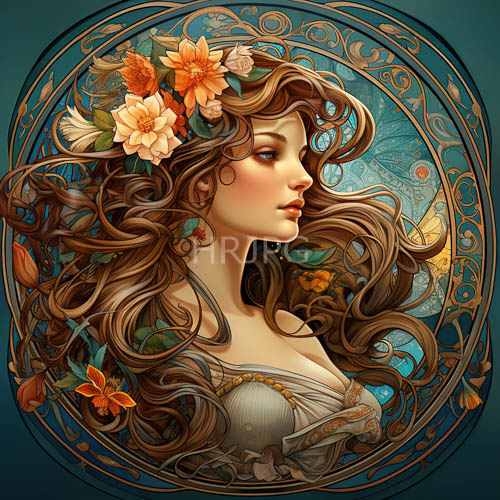 ethereal woman wears crown of orange and pink flowers in complex teal setting