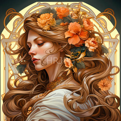 floral crown adorns fairskinned woman in meditative garden of mind