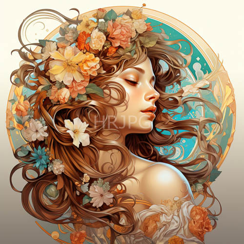 fairskinned woman framed by ornate patterns in contemplative state surrounded by peonies and roses in palace setting