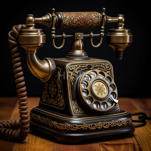 floral motifs adorn the rotary telephones body brass dial shines with aged patina against dark background