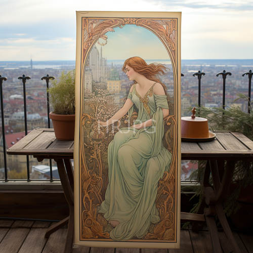 High Resolution: Medieval Cityscape Enshrined in Ornate Frame Amidst Whimsical Garden Setting with Contrasting Textures download. | HRJPG.com