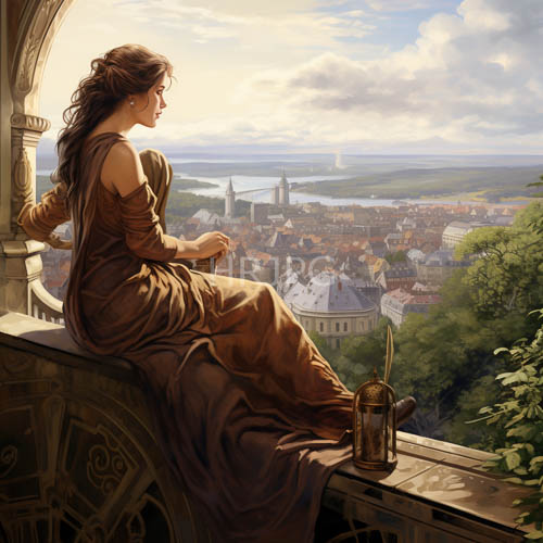 elegant woman in bronze gowns sits on stone balcony overlooking medieval town