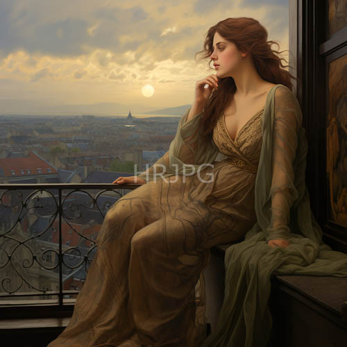 ethereal woman in emerald and amber gowns engulfed by sunset cityscape