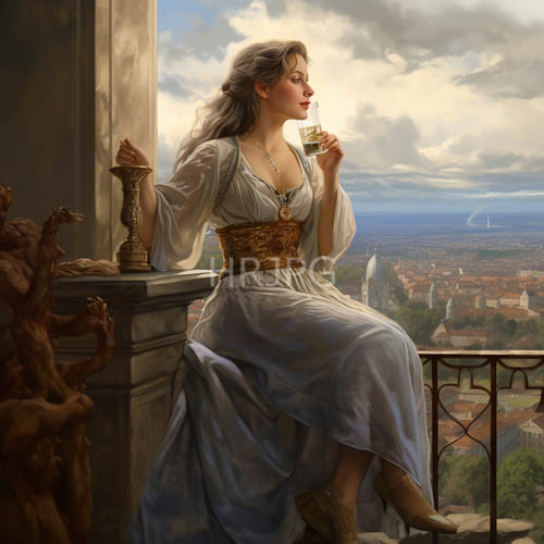 ethereal woman observes medieval townscape with intense blue eyes and white gown