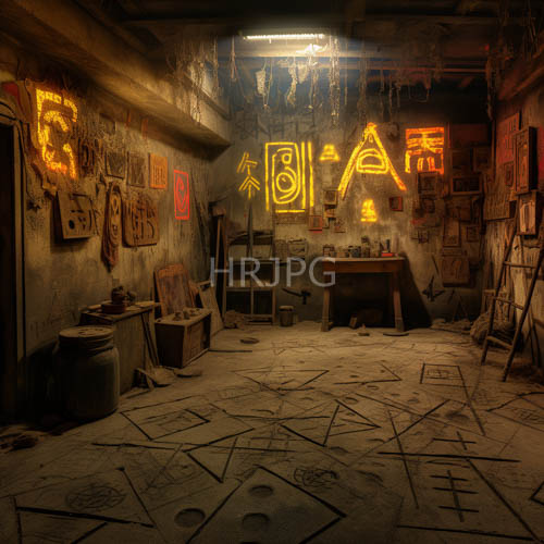 High Resolution: Neon Chinese Characters Emerge from Worn Textured Workshop Concrete download. | HRJPG.com