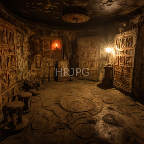 ancient dim lit rooms with textured walls and hieroglyphs evoke hidden mystical history
