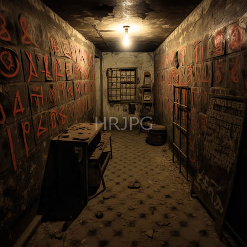 abandoned concrete basement filled with graffiti and faded workbenches under harsh ceiling lighting
