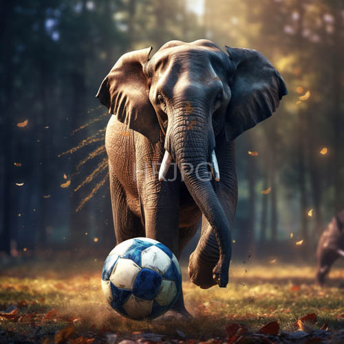 adult elephant plays soccer in sunlit forest clearing amidst scattered leaves and filtered light