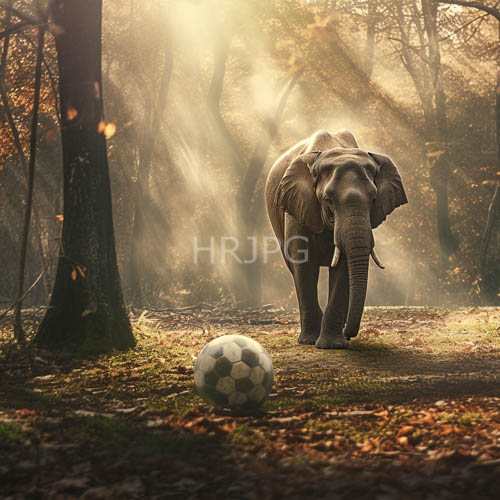 elephant amidst autumnal forest light and mossy soccer ball reflections
