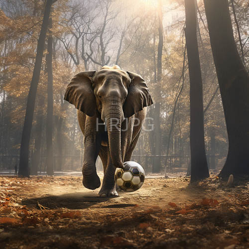 High Resolution: Elephant Kicks Soccer Ball on Forest Path in Sunlit Autumnal Afternoon download. | HRJPG.com