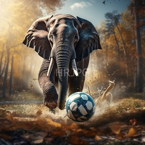 elephant charging toward soccer ball in autumn forest with scattered leaves