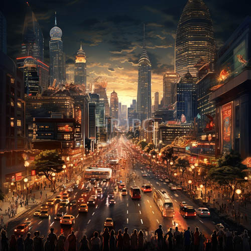 cityscape of urban energy amidst neonlit skyscrapers during sunset