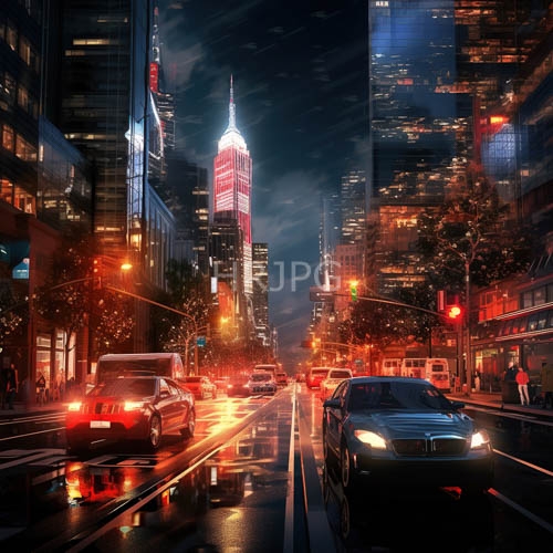 High Resolution: NeonAdorned Skyscrapers on Rainy City Streets Reflecting in Wet Pavement download. | HRJPG.com