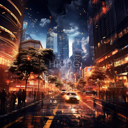 neon skyscrapers reflect shimmering rainwater on wet city street at night