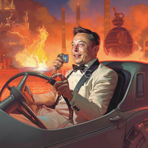 vintage car driver navigates towerfilled skies with binoculars and tuxedo