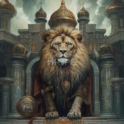 medieval lion guardian beside ornate russian orthodox cathedral architecture under cloudy skies
