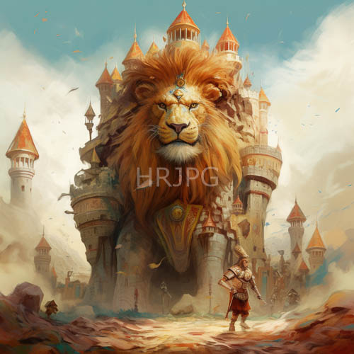 High Resolution: Medieval Castle Lion Standing Majestically Beside Armored Figure Under Cloudy Skies download. | HRJPG.com