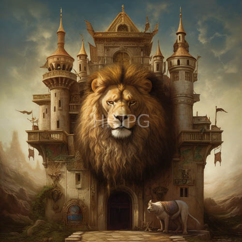 medieval castle with lions head entrance and armored figure