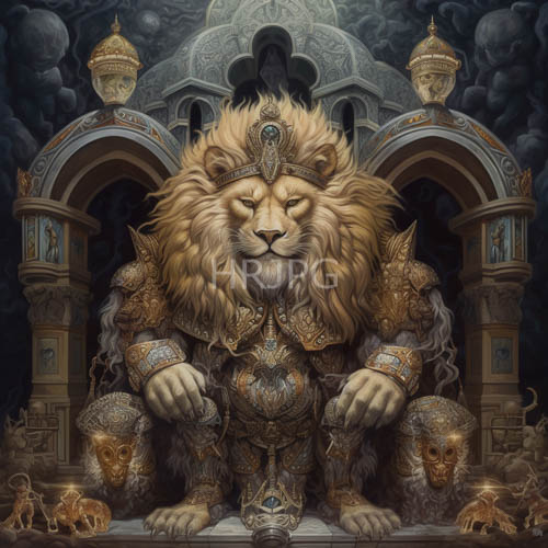 regal lion king with elaborate gold armor sits on throne in ancient ornate setting