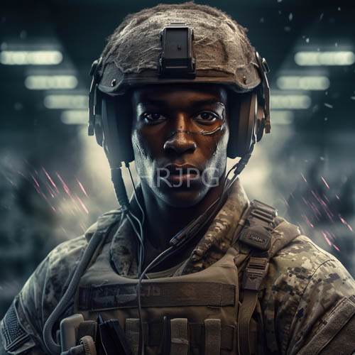 africanamerican soldier in camouflage uniform stands focused in futuristic military control room