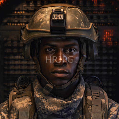 africanamerican soldier in tactical gear under cool blue and green ambient light