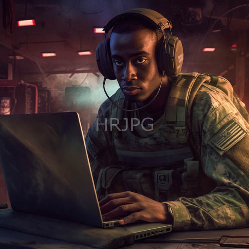 muted camouflage dominates focused africanamerican soldier in lowlit tactical command center