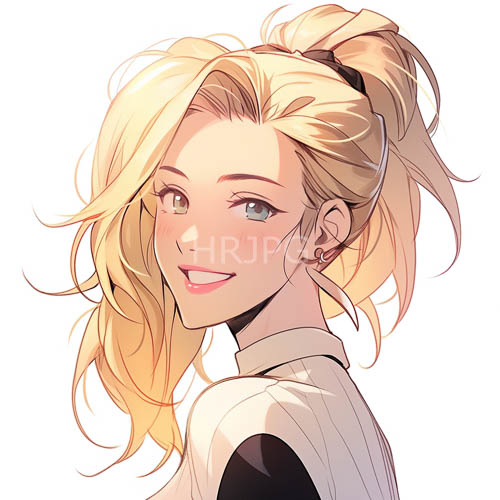 High Resolution: Blonde Hair Frames Young Womans Smiling Face in AnimeStyle Drawing download. | HRJPG.com
