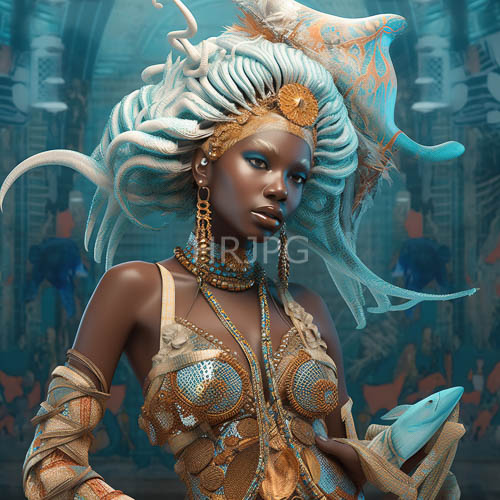 High Resolution: African Woman Adorned with Elaborate Gold Jewelry in Oceanic Setting with SunLike Pattern download. | HRJPG.com