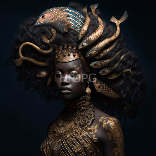 african woman with voluminous curly hair transformed into intricate fishlike headdress of gold and black patterns against deep blue background