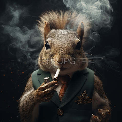 anthropomorphic squirrel in twilight shadows with cigarette and contrasting vest