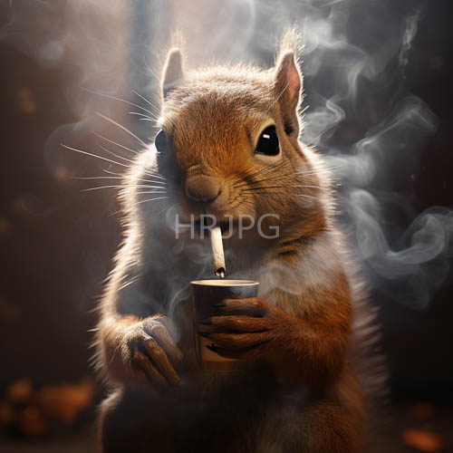 High Resolution: Fluffy Brown Squirrel Exhales Cigarette Smoke in Whimsical Dark Background download. | HRJPG.com